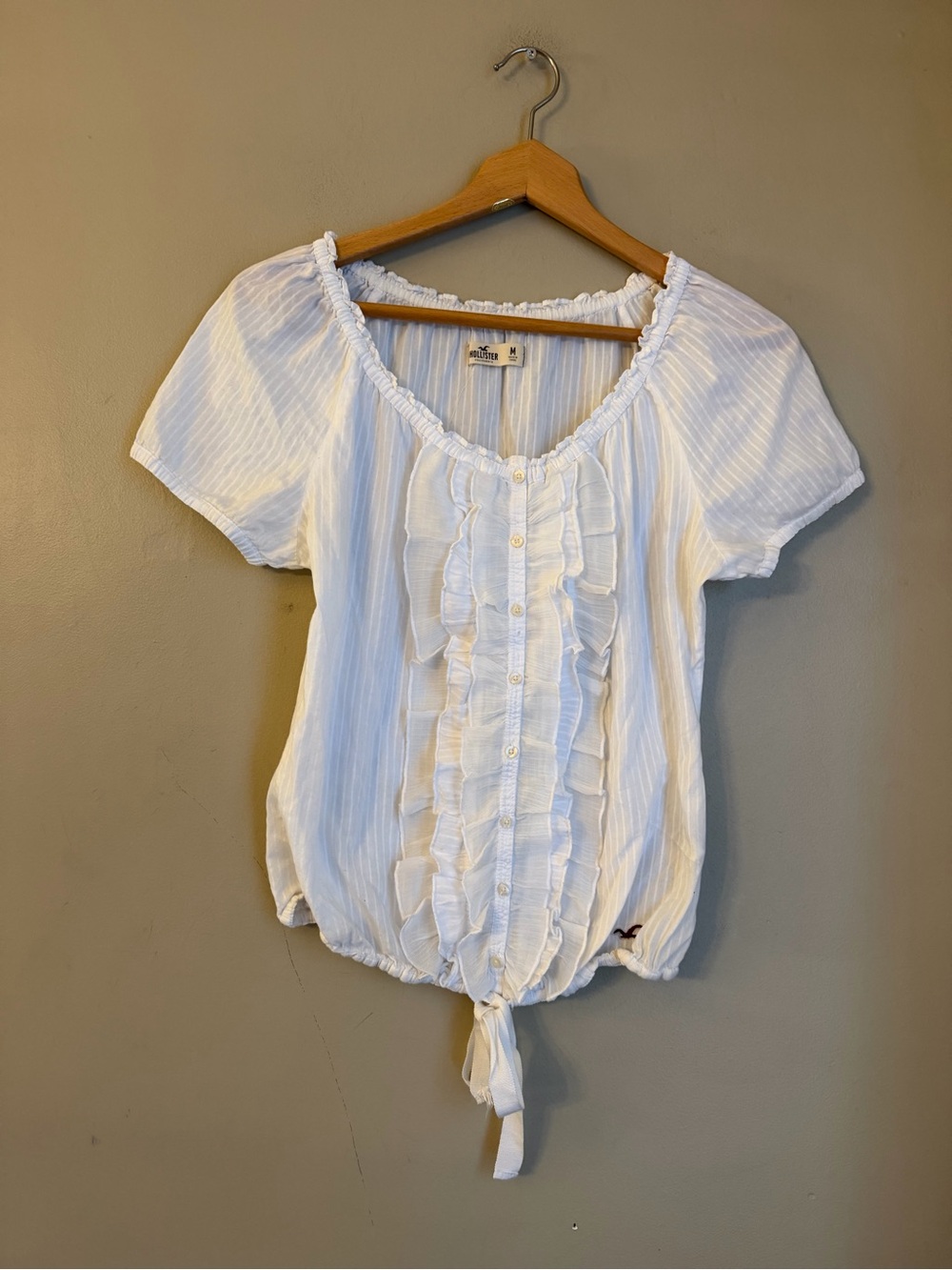 Hollister Top Shirt White Ruffle Peasant Blouse Button Prairie Bohemian Size Med
